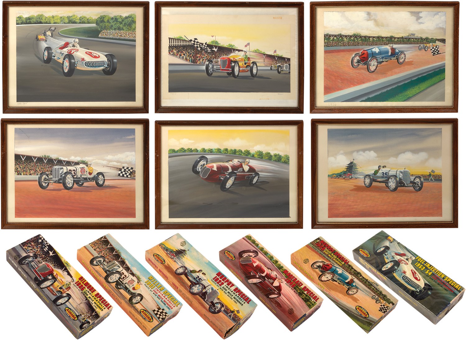 1920-54 Aurora Indianapolis 500 Winners Kit Car Collection of Original Artwork (6)