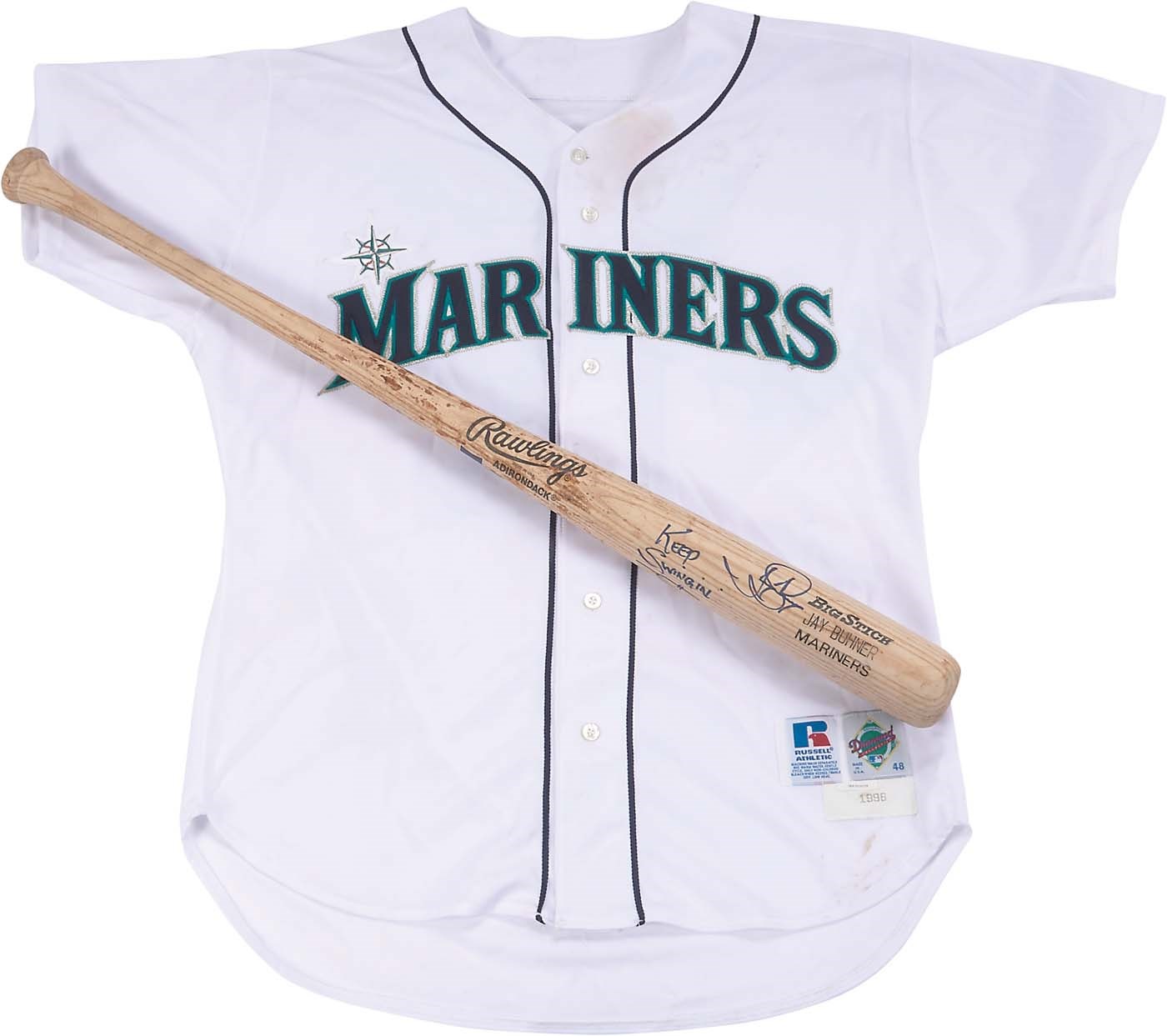 The 1984 USA Baseball Olympian Collection - 1996 Jay Buhner Signed Game Used Mariners Jersey & Bat - Gifted to Teammate