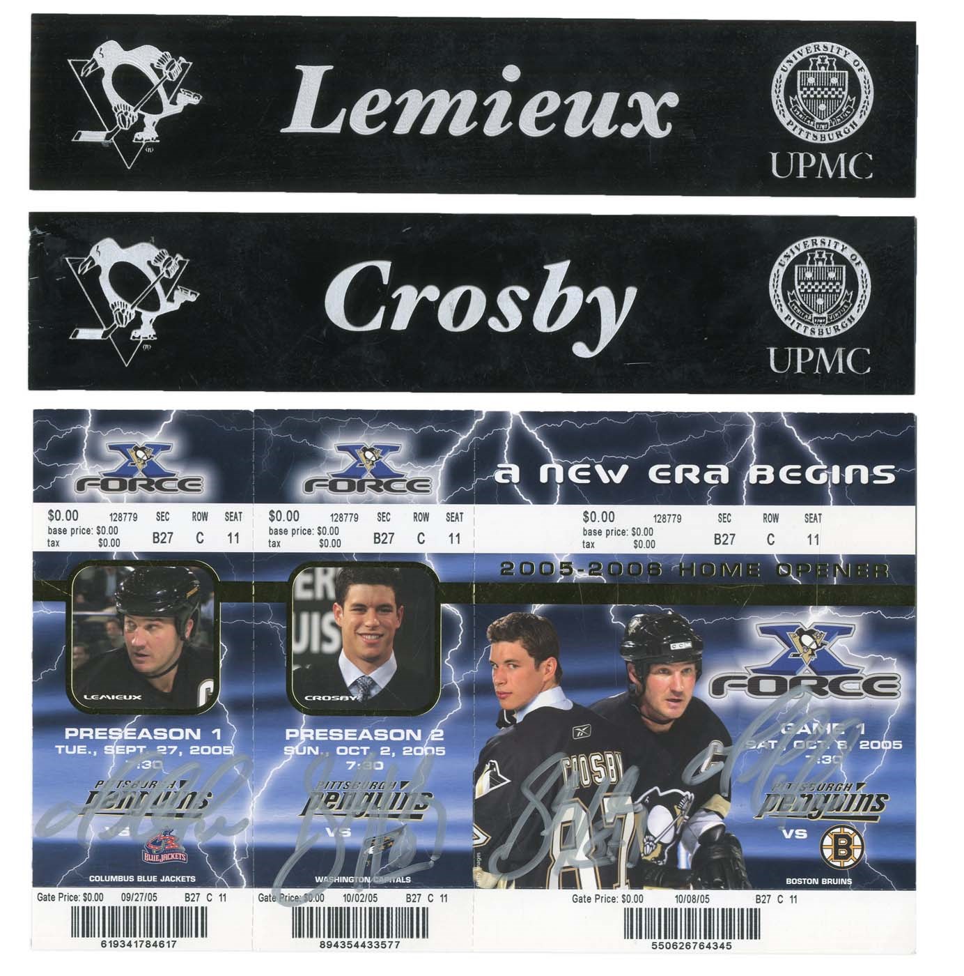Sidney Crosby Rookie Year and Mario Lemieux Final Year Locker Room Name Plates