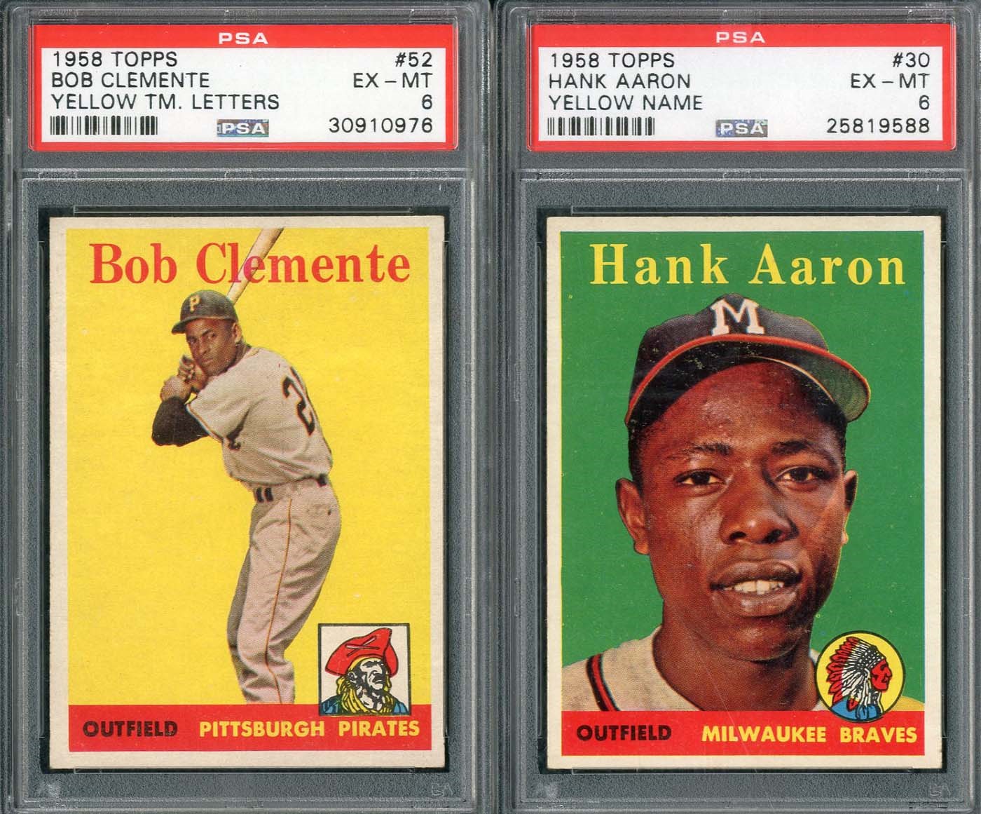 - 1958 Topps Yellow Letter Pair of Cards with Aaron and Clemente