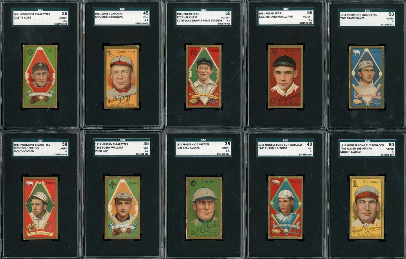 - 1911 T205 Gold Border SGC Graded Near Set of (180/220) with 20 HOFers including Cobb and Mathewson