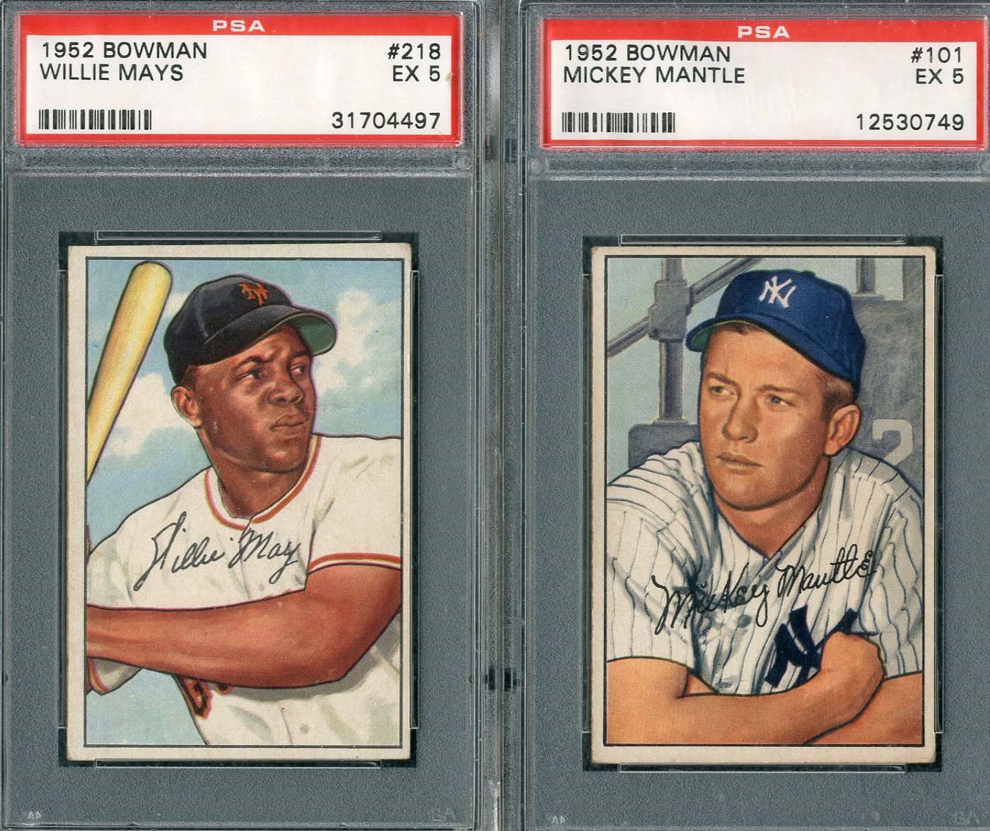 - 1952 Bowman #101 Mickey Mantle and #218 Willie Mays Pair of PSA Graded Cards!
