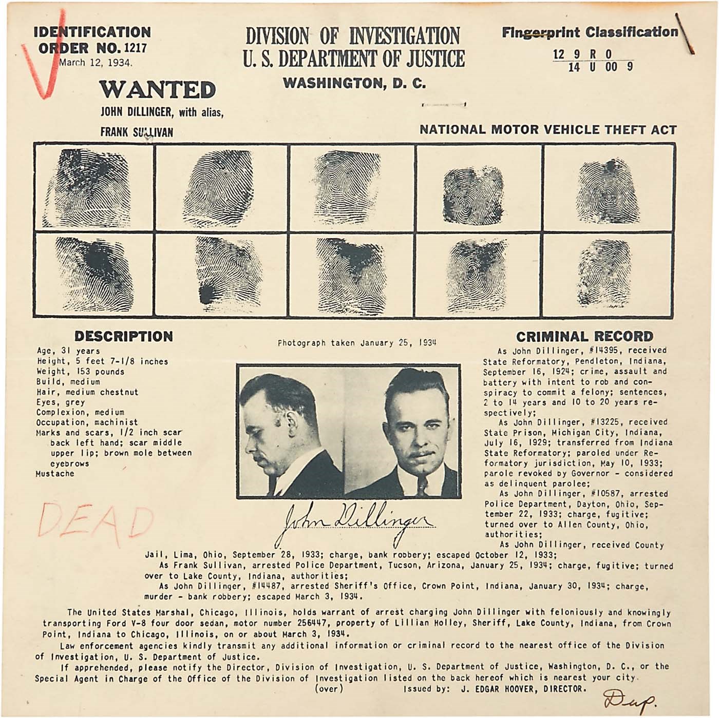 - 1934 John Dillinger "Four-Piece" FBI Wanted Poster