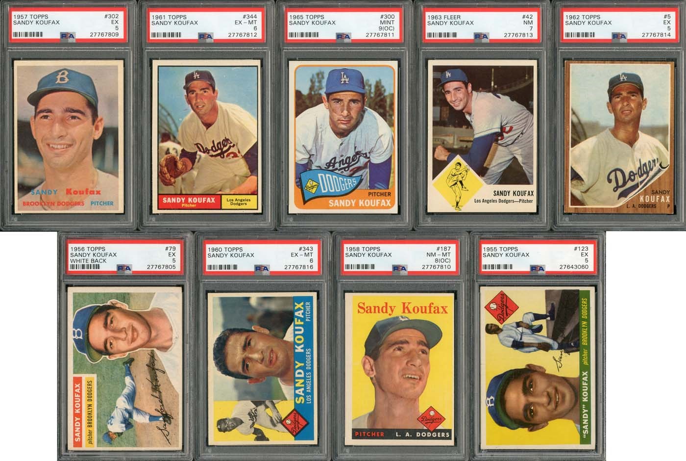 - 1955-1963 Sandy Koufax PSA Graded Card Collection (9)