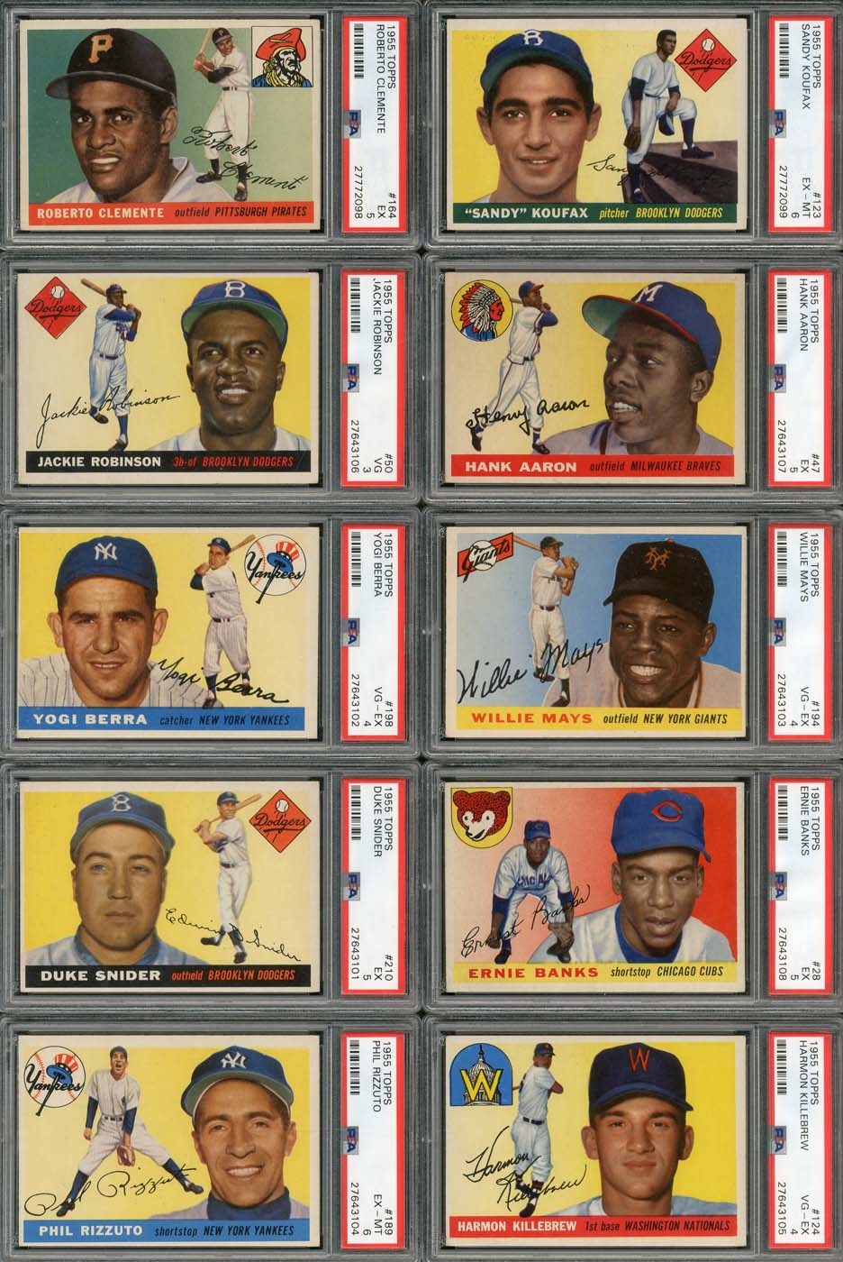 1955 Topps Complete Set of 206 Cards with (10) PSA Graded Cards
