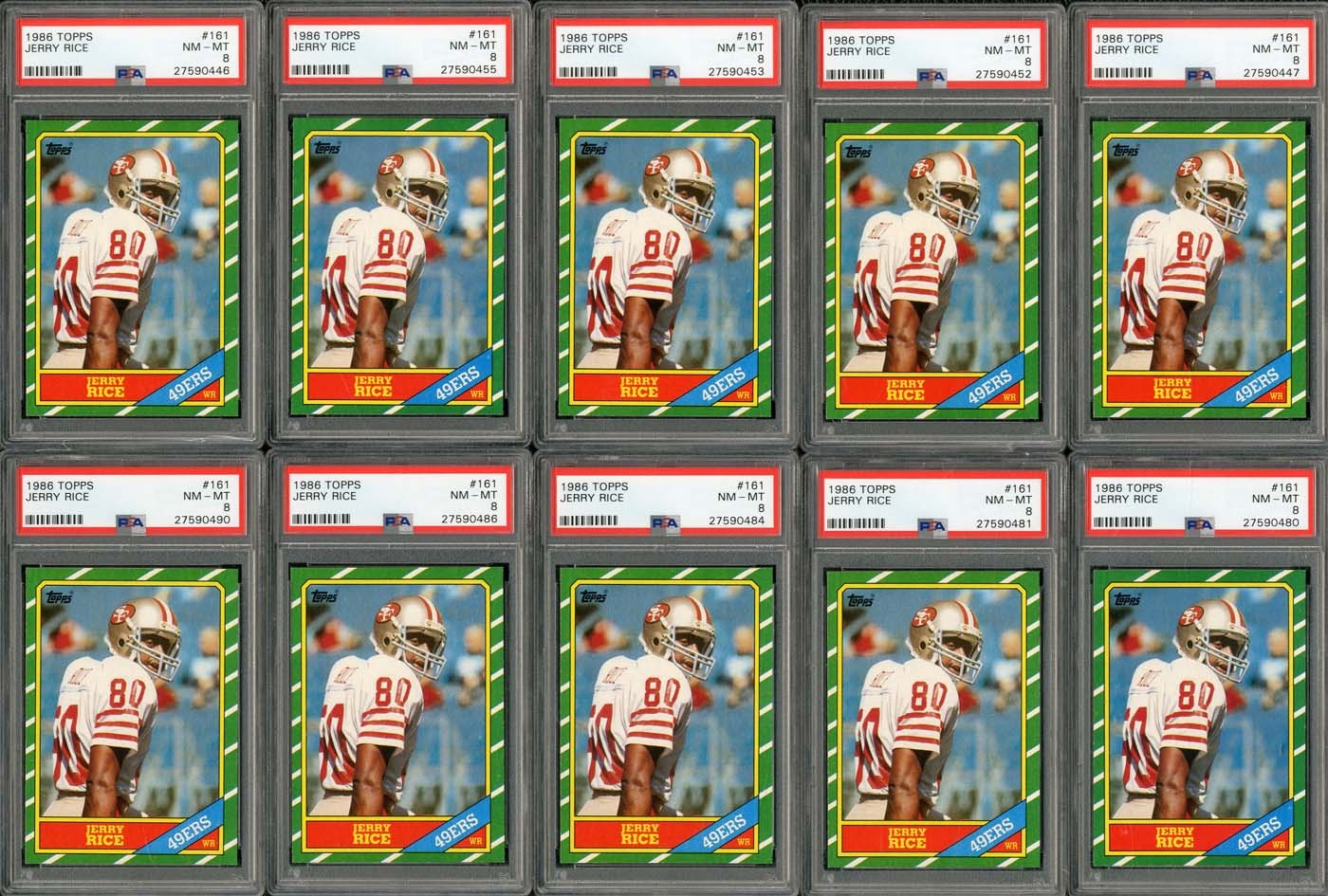 - 1986 Topps #161 Jerry Rice Rookie Card Hoard - All PSA NM-MT 8