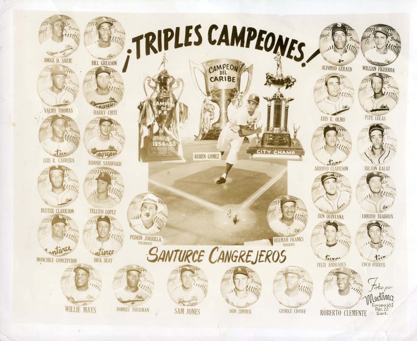 1954-55 Santurce Cangrejeros Championship Team Photo with Clemente and Mays