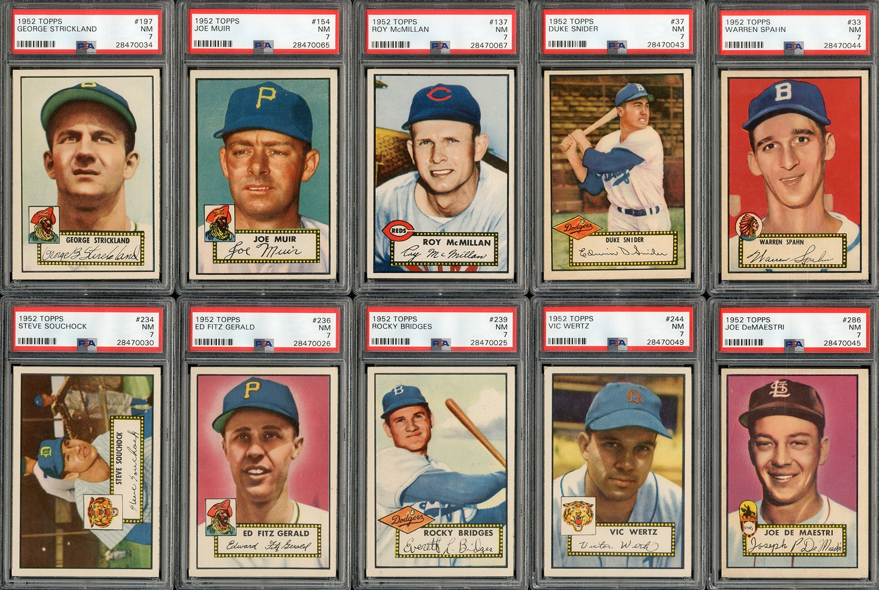 - 1952 Topps High Grade Lot of 14 Cards with 3 HOFers - all PSA Graded NM 7!