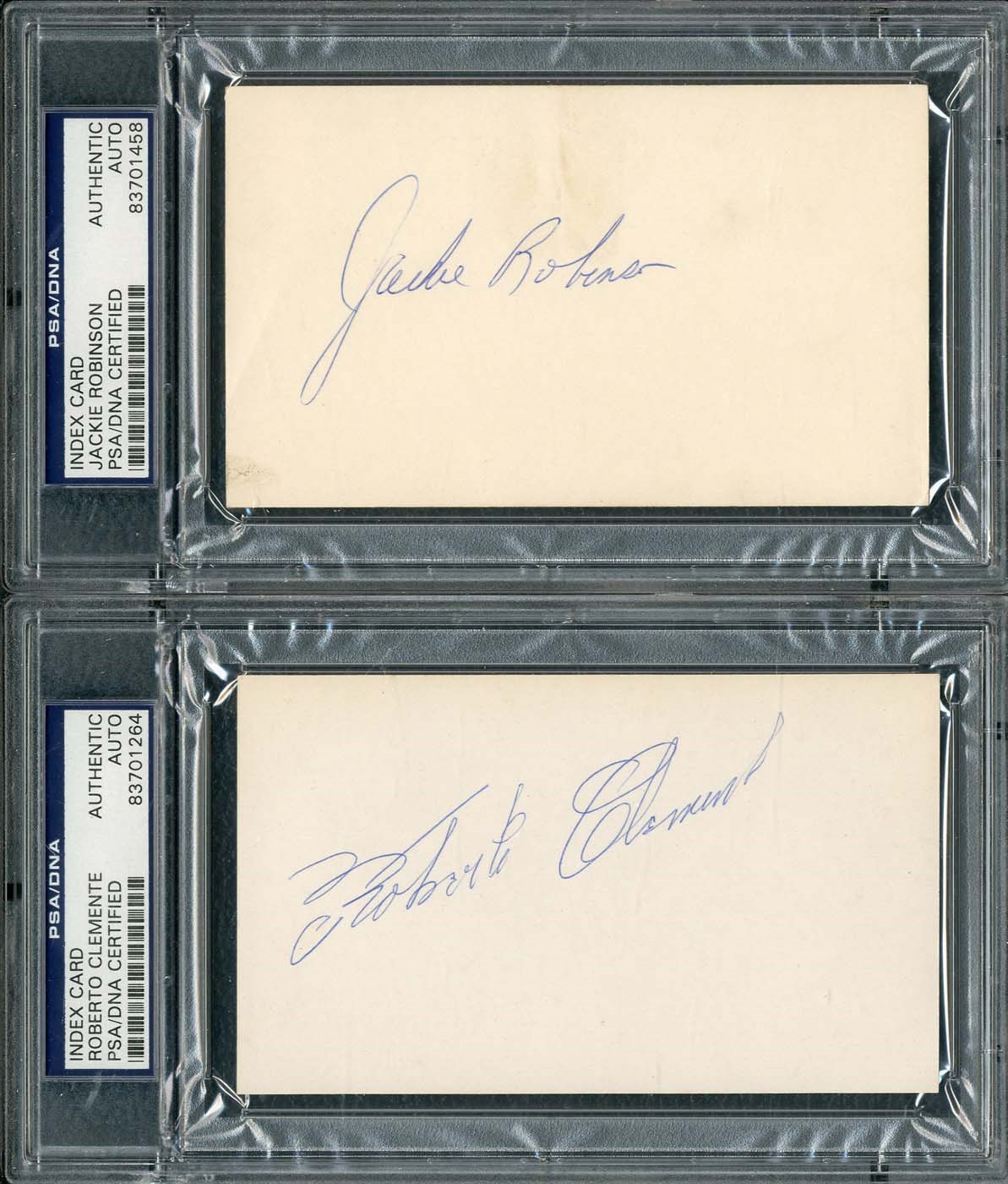 Jackie Robinson & Roberto Clemente Signed Index Cards (PSA/DNA)