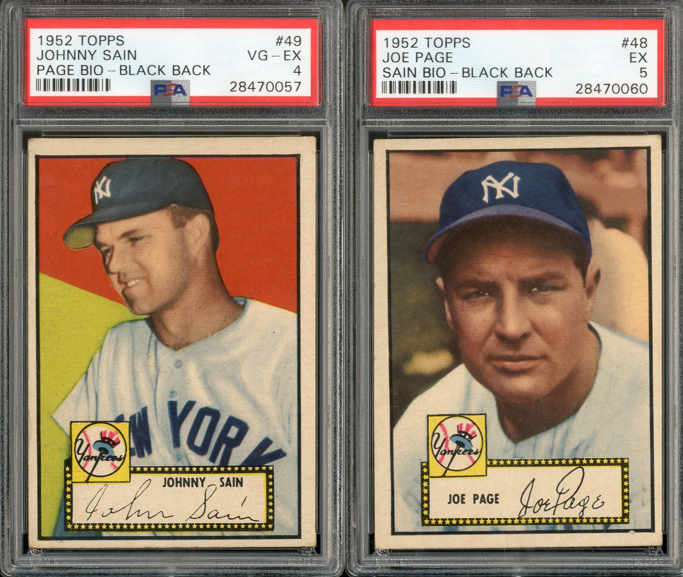 Baseball and Trading Cards - 1952 Topps #48 Joe Page and #49 Johnny Sain Rare Variatons - PSA Graded Collection