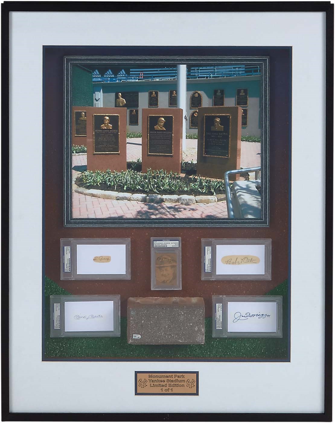 NY Yankees, Giants & Mets - Yankee Legends "1 of 1" Signed Monument Park Display w/Ruth & Gehrig (PSA)
