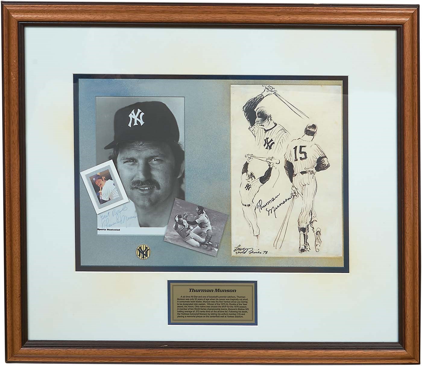 NY Yankees, Giants & Mets - Thurman Munson Signed Artwork & Signed Photo Display (PSA)