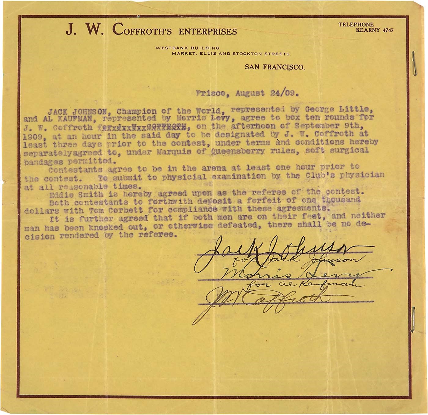 - 1909 Jack Johnson v. Al Kaufman Fight Contract w/Perfect "10" Signature (PSA & SGC)