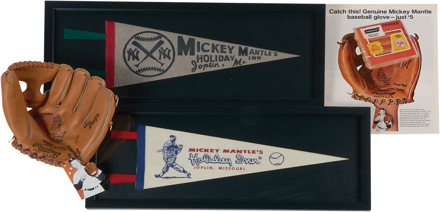 Mantle and Maris - MINT 1967 Mickey Mantle Triple Crown Winner Glove & 1950s-60s Holiday Inn Pennants (3)