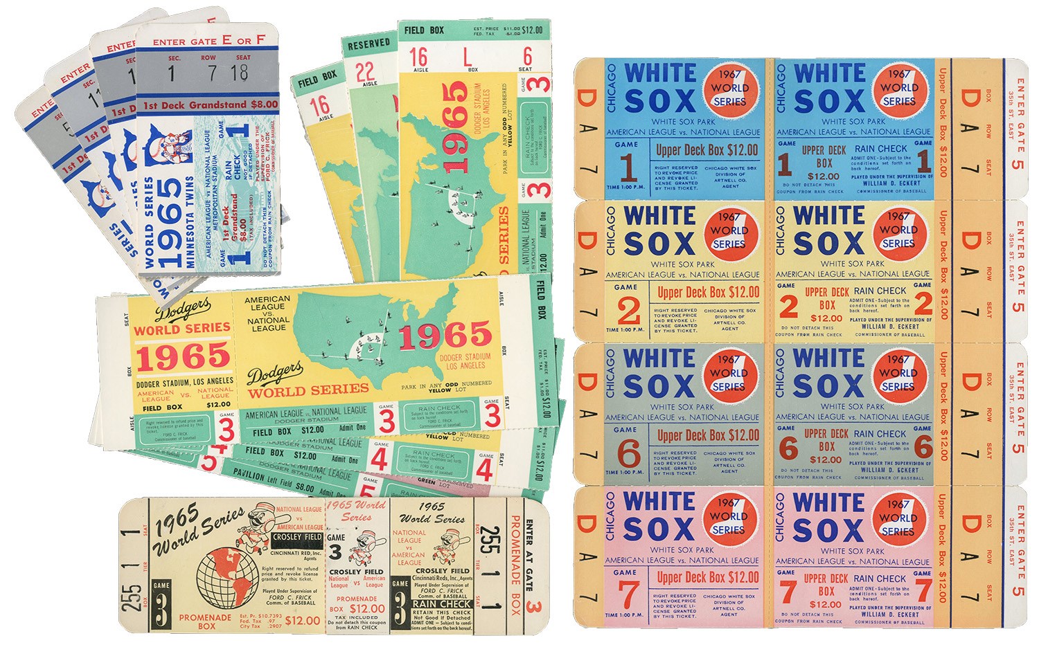 Tickets, Publications & Pins - 1965 & 1967 World Series Ticket Collection of Full Tickets and Stubs (15)