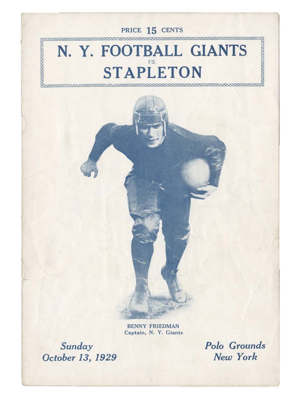 - 1929 Stapleton at New York Giants Program - Benny Friedman Cover - First NFL Season for the Stapes!