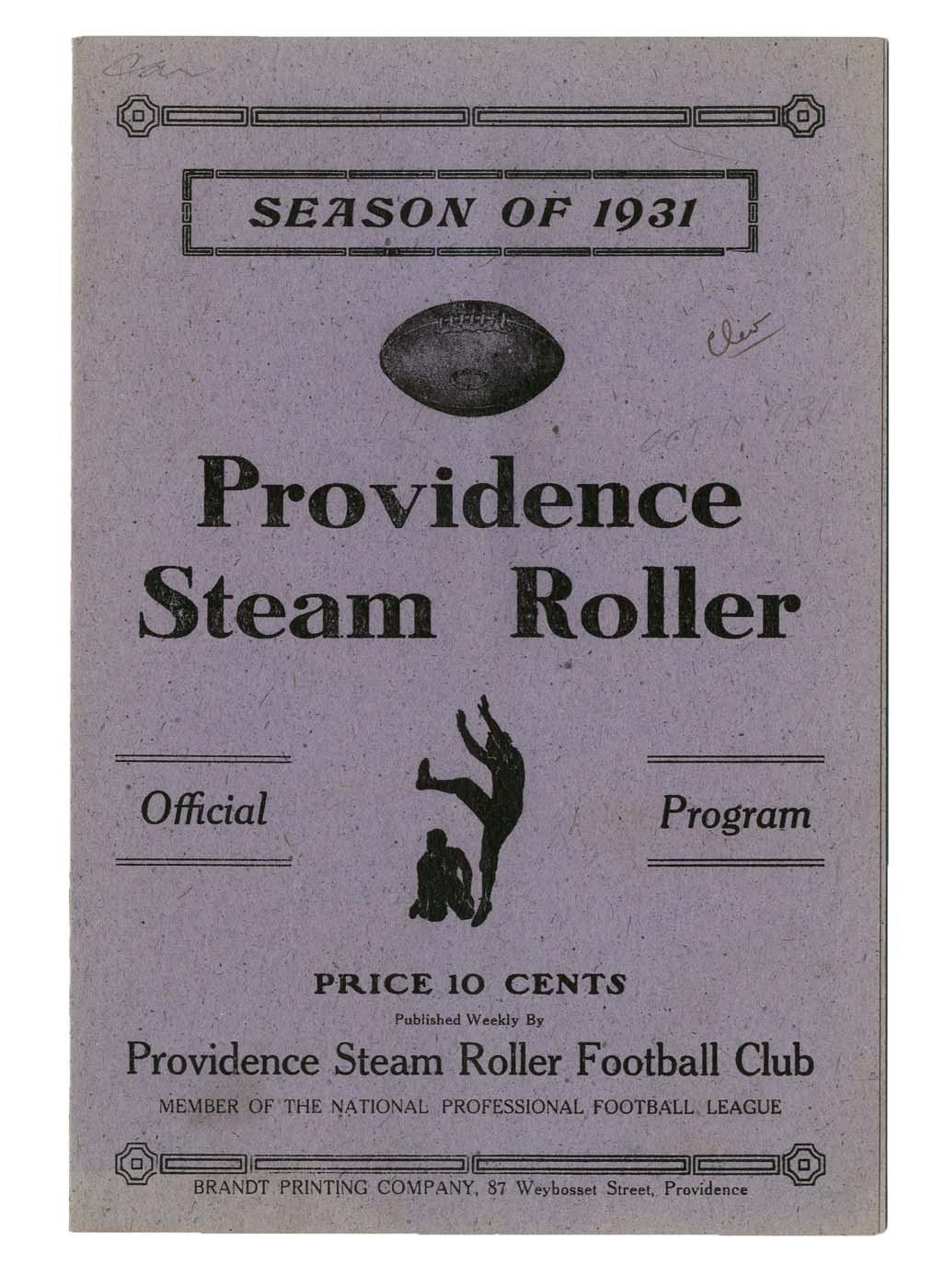 1931 Cleveland Indians at Providence Steam Rollers NFL Program - Only Year for Cleveland Indians Franchise!