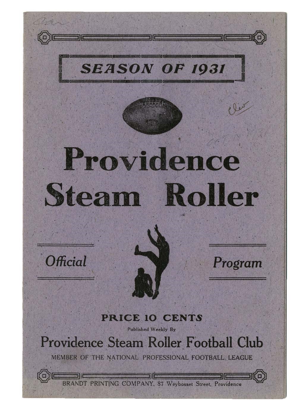 - 1931 Cleveland Indians at Providence Steam Rollers NFL Program - Only Year for Cleveland Indians Franchise!