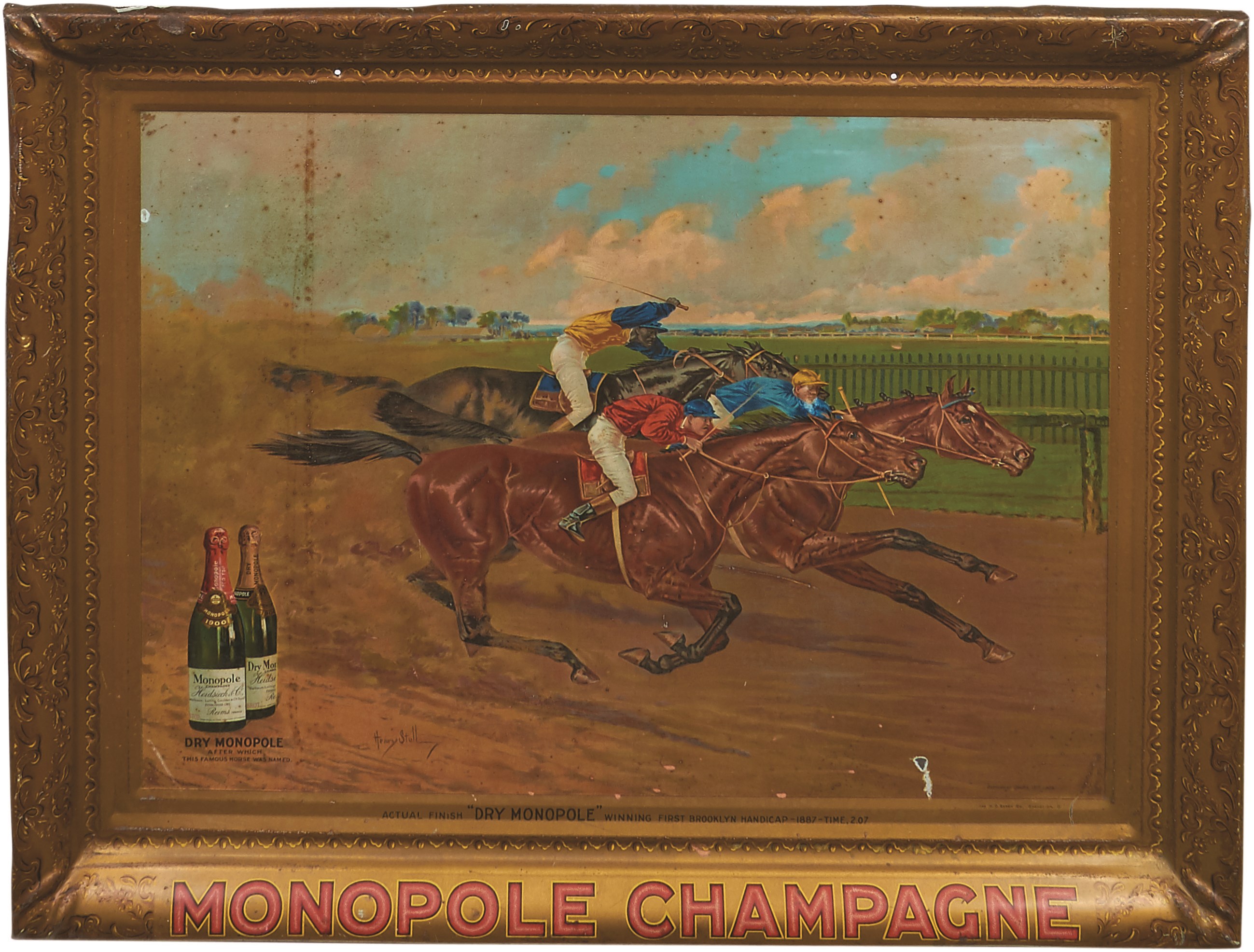 Horse Racing - Early Monopole Champagne Tin Advertising Sign by Henry Stull