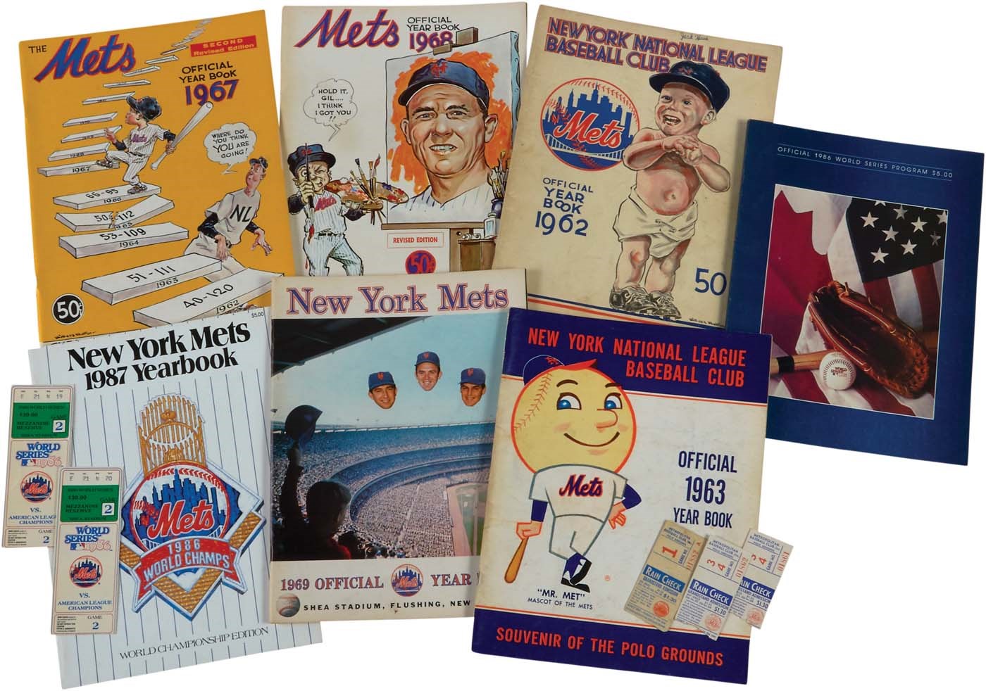 NY Yankees, Giants & Mets - Mets Collection with Complete 1962-2017 Yearbook Run & First Game Ticket (70+)