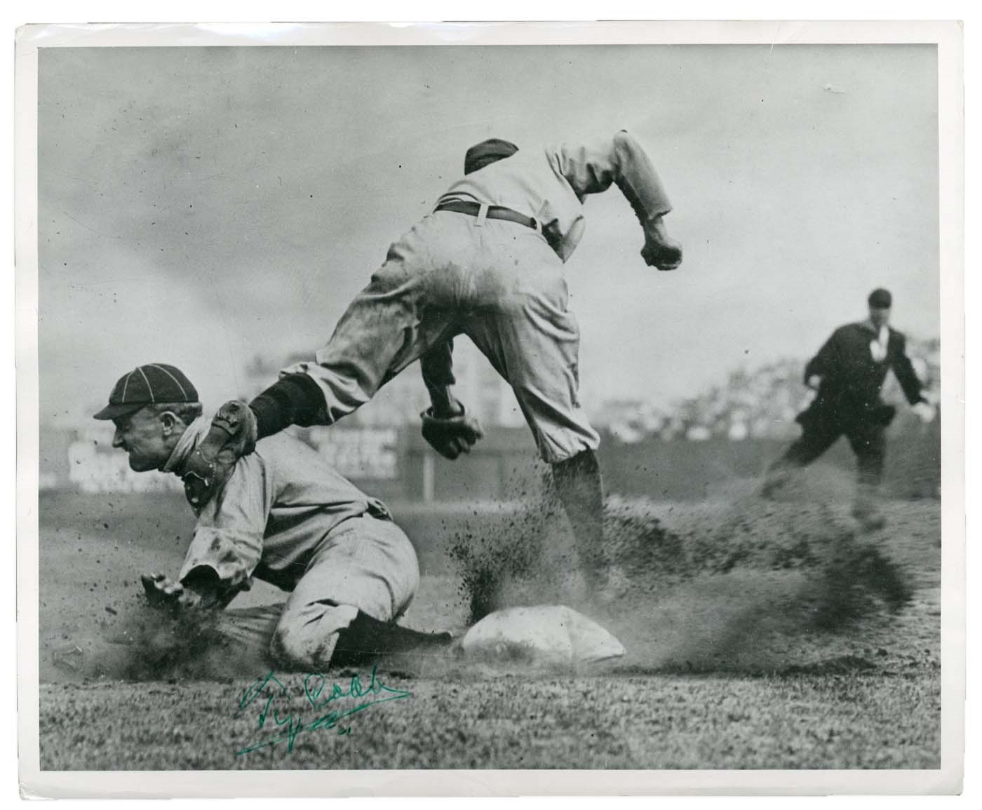 Ty Cobb and Detroit Tigers - The Holy Grail of Signed Photographs - Ty Cobb "Sliding Into Third" by Charles Conlon (PSA & JSA)