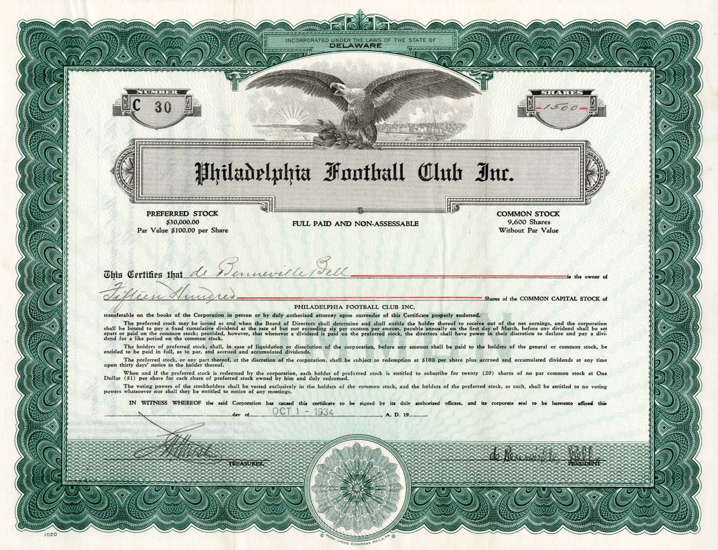 - 1934 Philadelphia Eagles Stock Certificate Signed by Bert Bell (JSA)