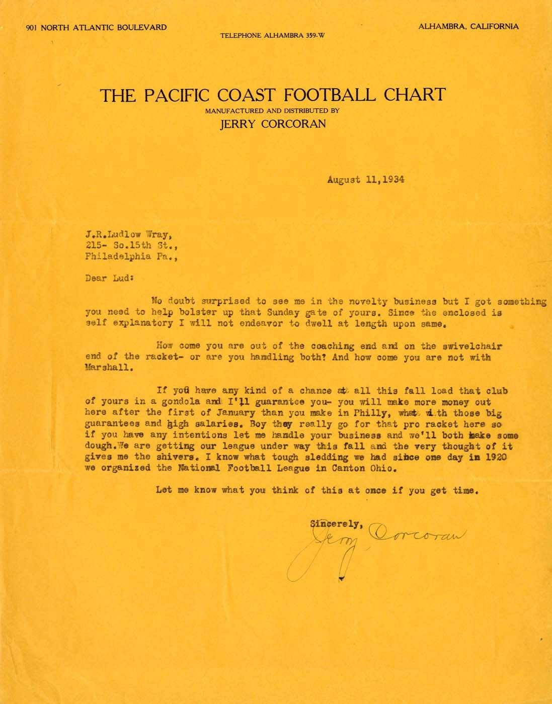 Football - 1934 Jerry Corcoran Signed Letter to Lud Wray