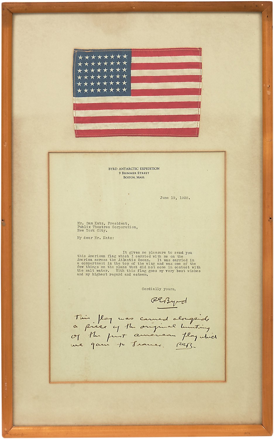 1927 American Flag from Richard E. Byrd's Trans-Atlantic Flight for the Orteig Prize