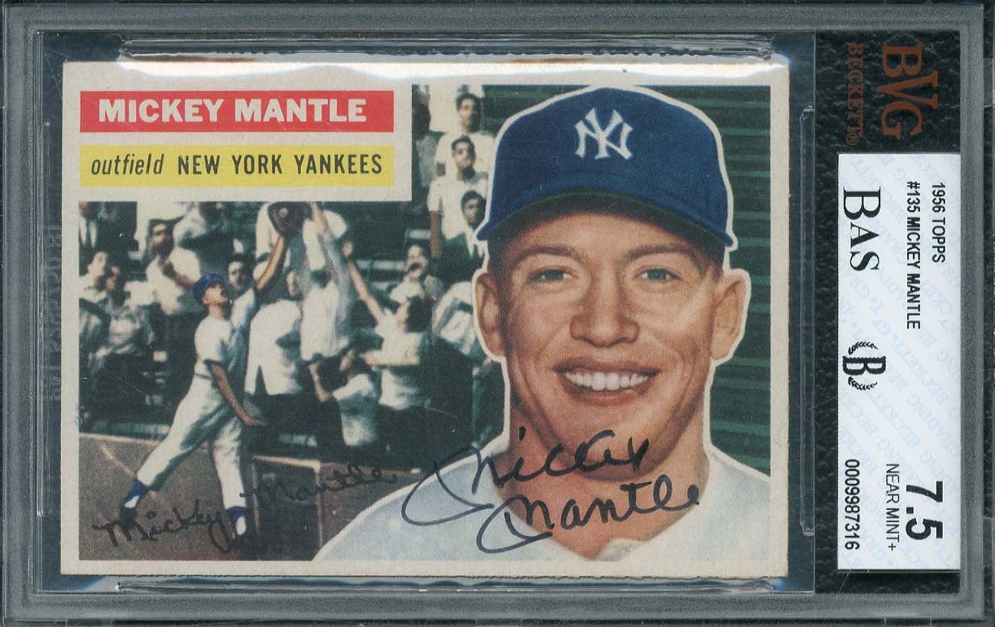 - 1956 Topps #135 Mickey Mantle Signed Card - Beckett/BAS 7.5/10