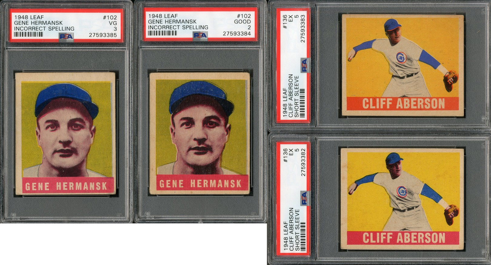 1949 Leaf PSA Graded Variations Lot (4) with TWO Hermask Errors