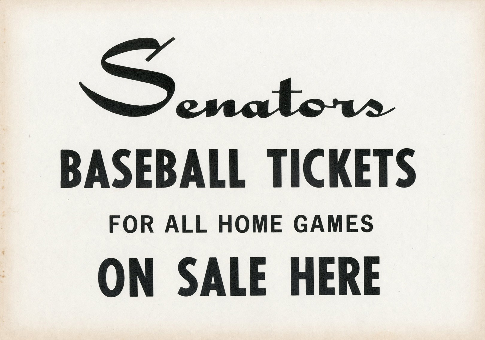 Stadium Artifacts - 1950s Washington Senators Tickets Advertising Sign