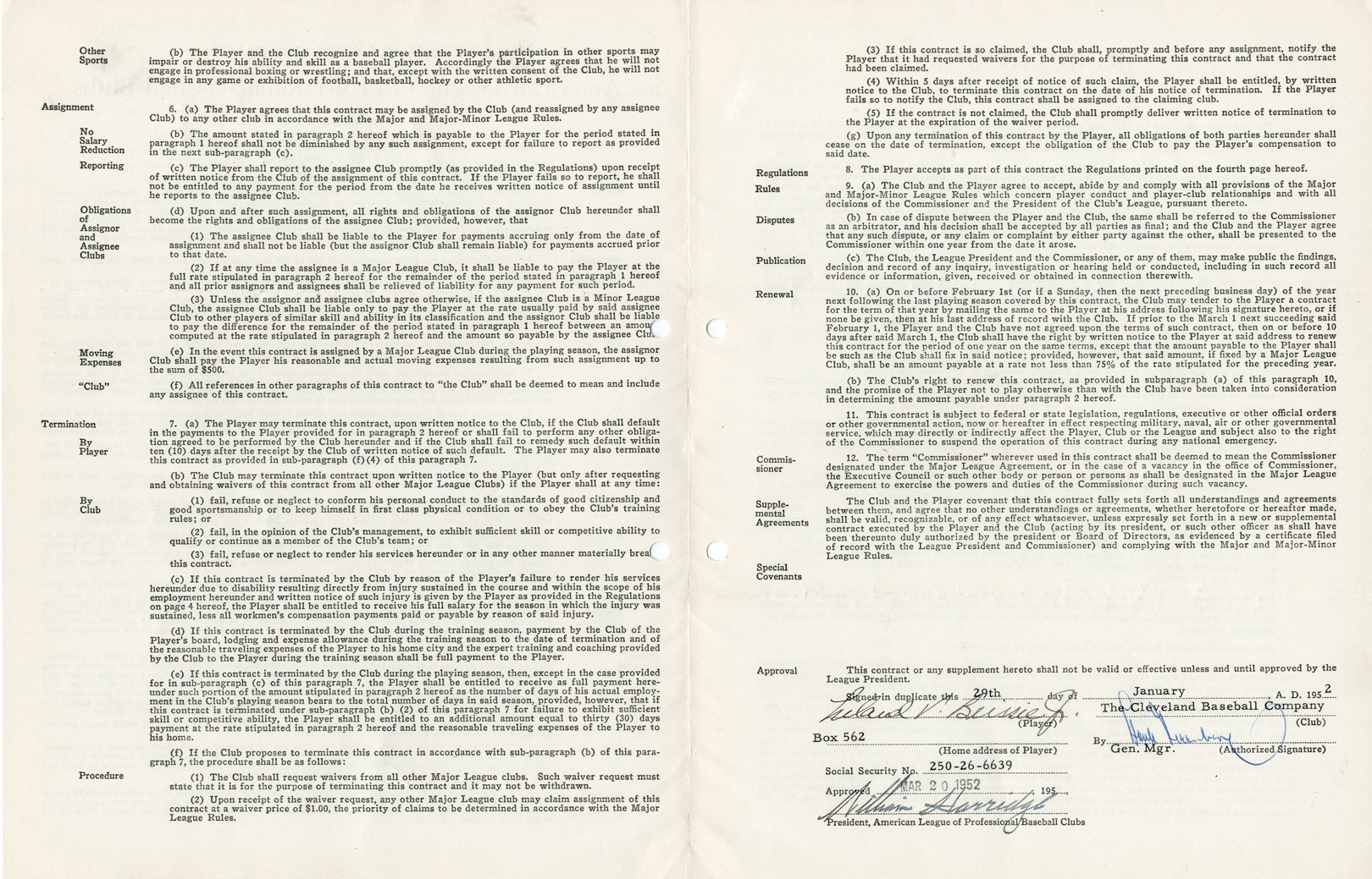 1952 Lou Brissie Cleveland Indians Contract