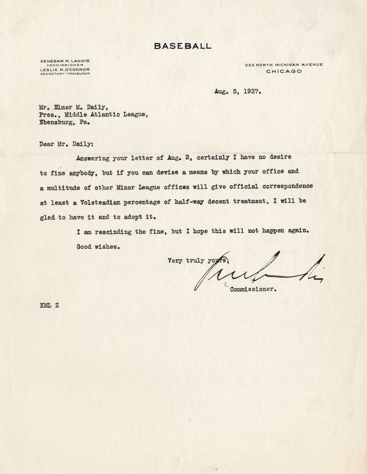 1937 Kenesaw Mountain Landis "Prohibition" Letter (PSA)