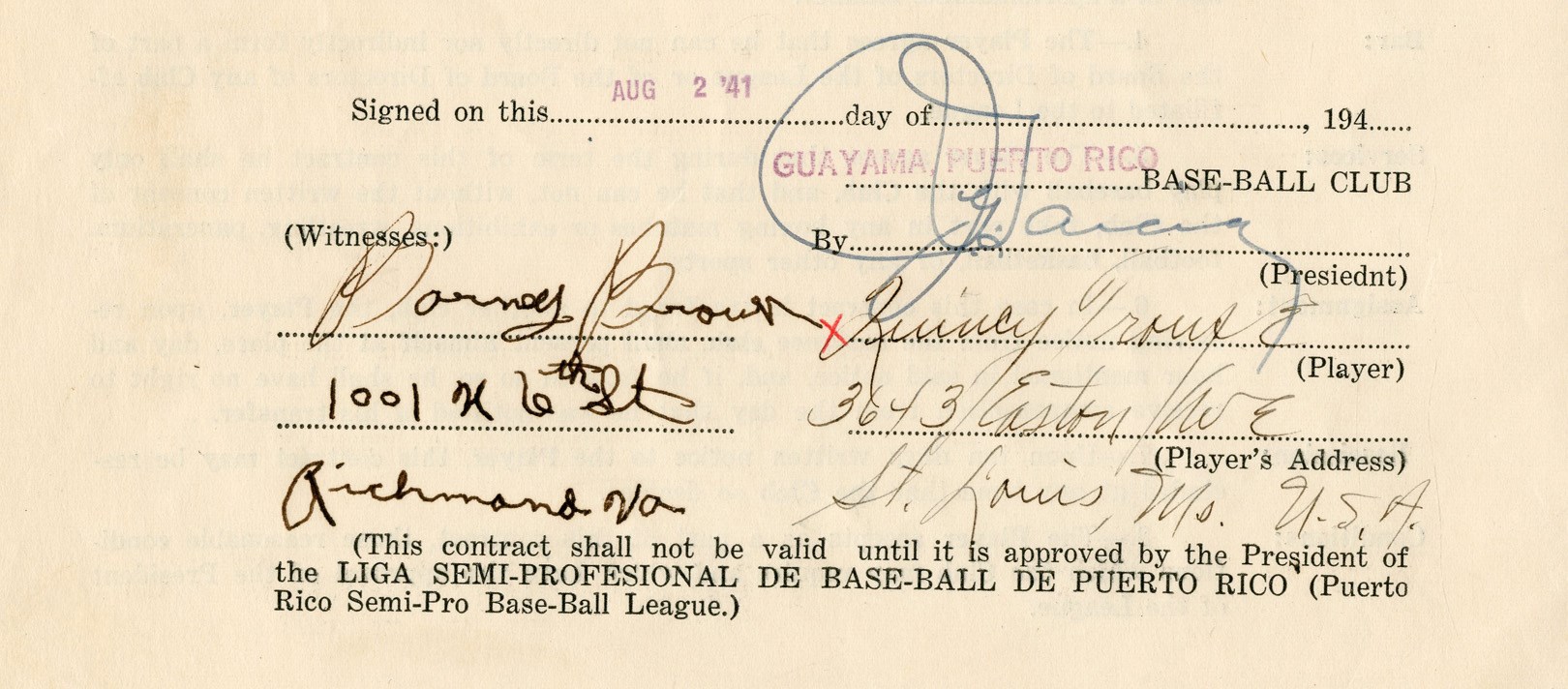 Negro League, Latin, Japanese & International Base - 1941-42 Quincy Trouppe Contract Witnessed by Negro Leaguer Barney Brown