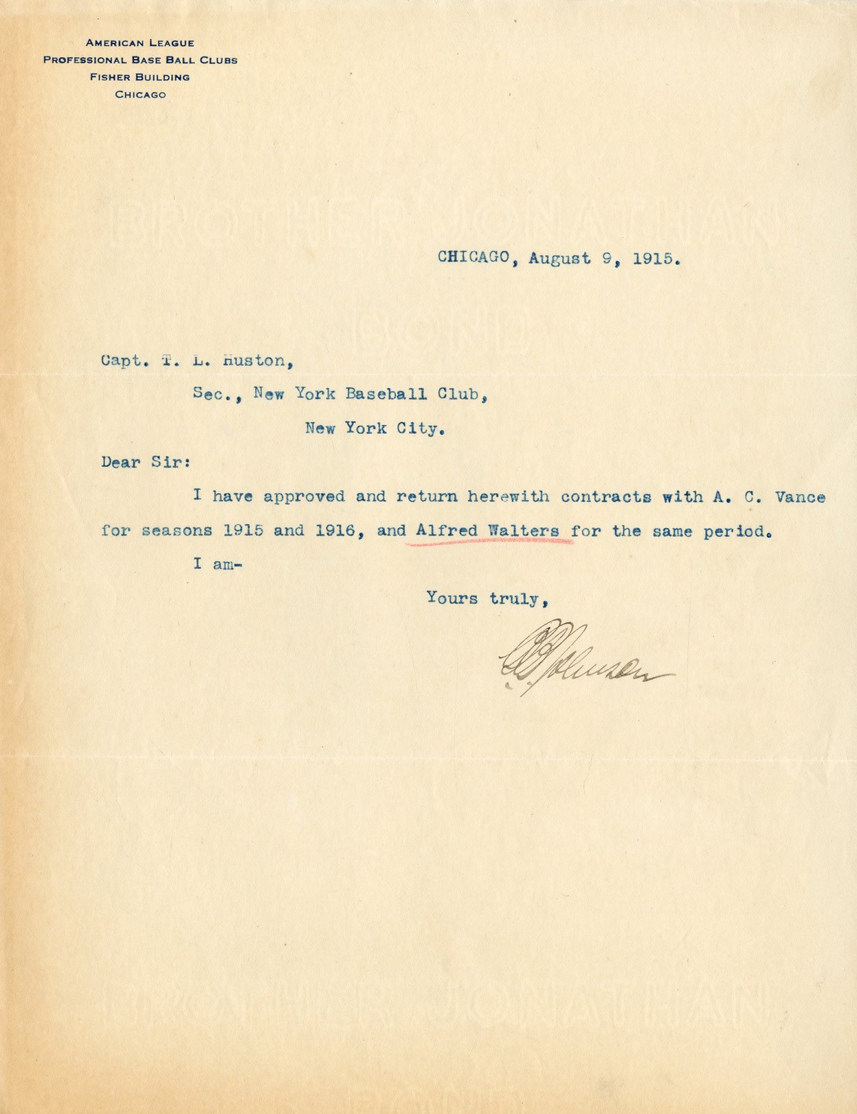 Baseball Autographs - 1915 Ban Johnson Signed Dazzy Vance "Rookie" Letter (PSA)