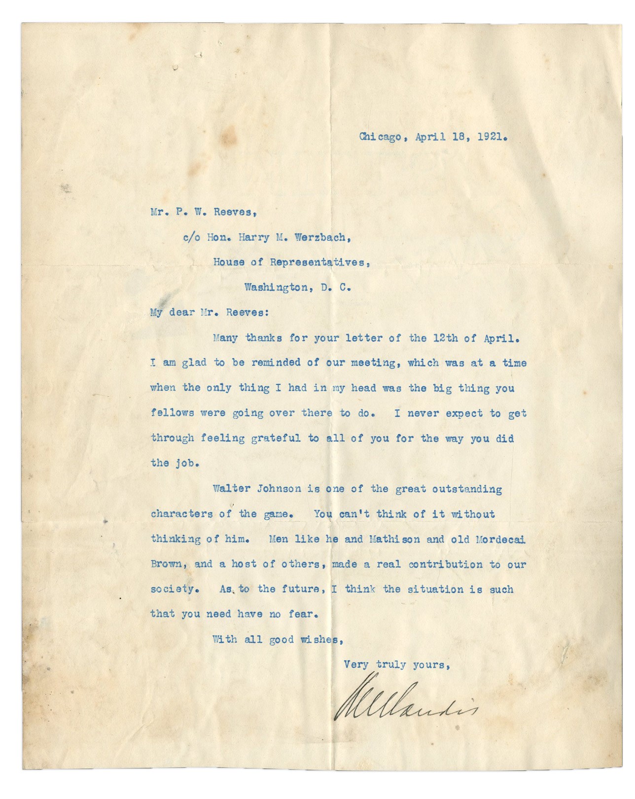 Amazing 1921 Kennesaw Mountain Landis "Over There" Letter. r.e. Walter Johnson, Christy Mathewson, & Mordecai Brown (PSA)