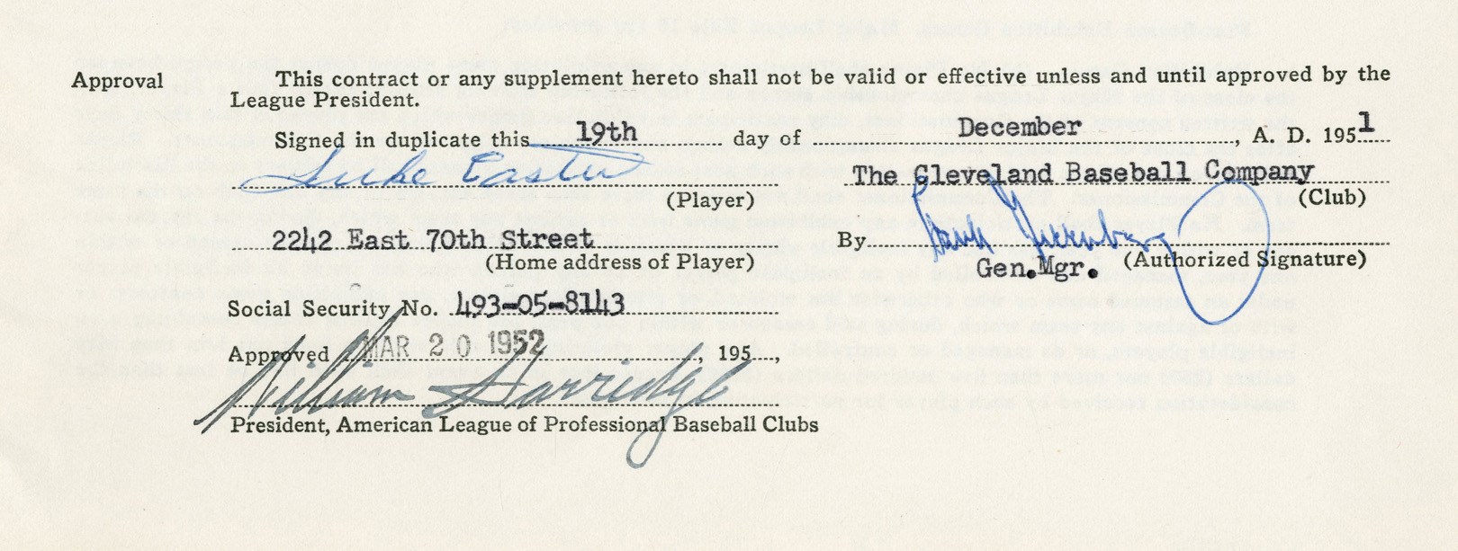 1952 Luke Easter Cleveland Indians Baseball Contract