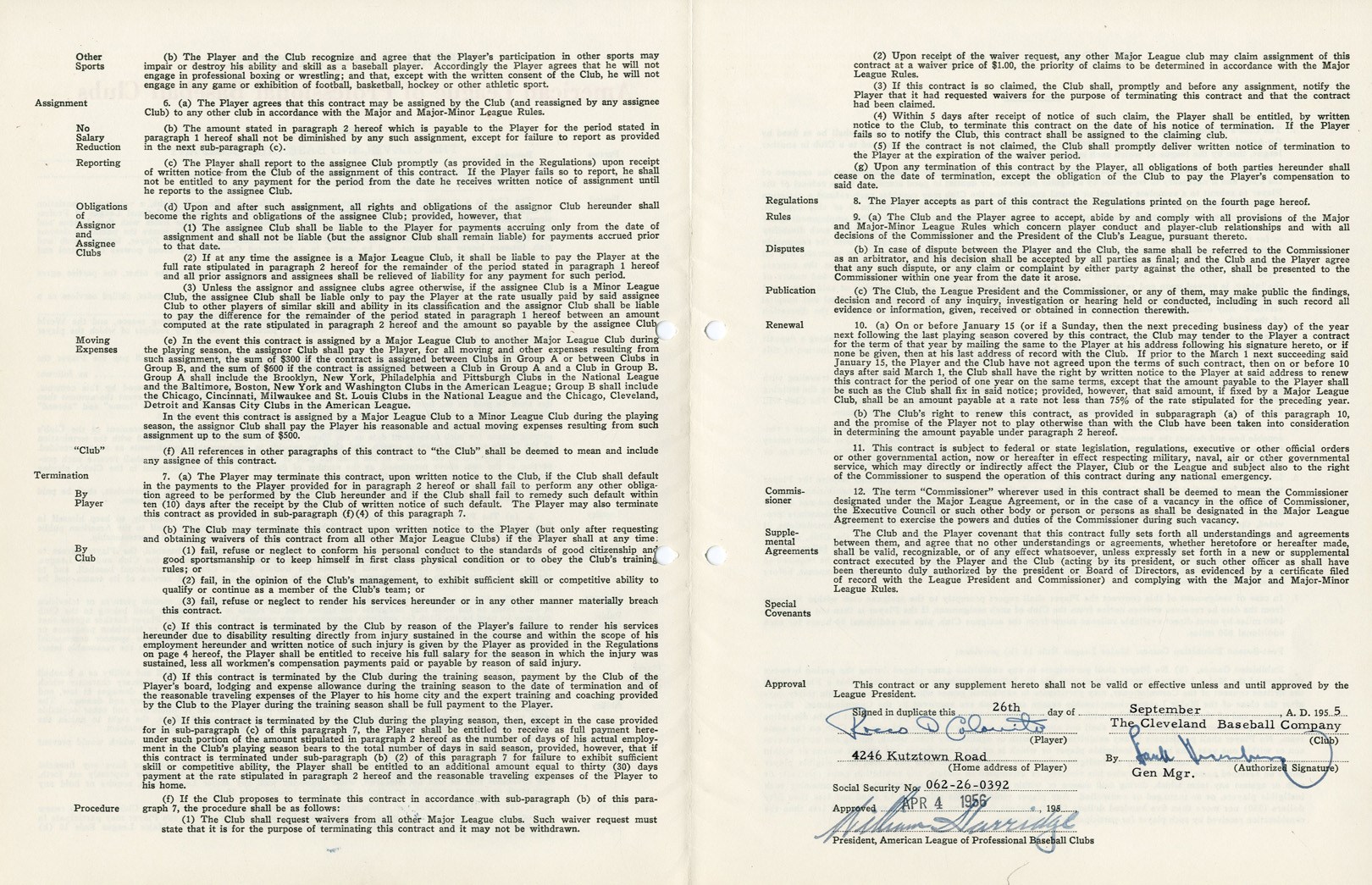 1956 Rocky Colavito Cleveland Indians Baseball Contract "Rookie of the Year" (PSA)