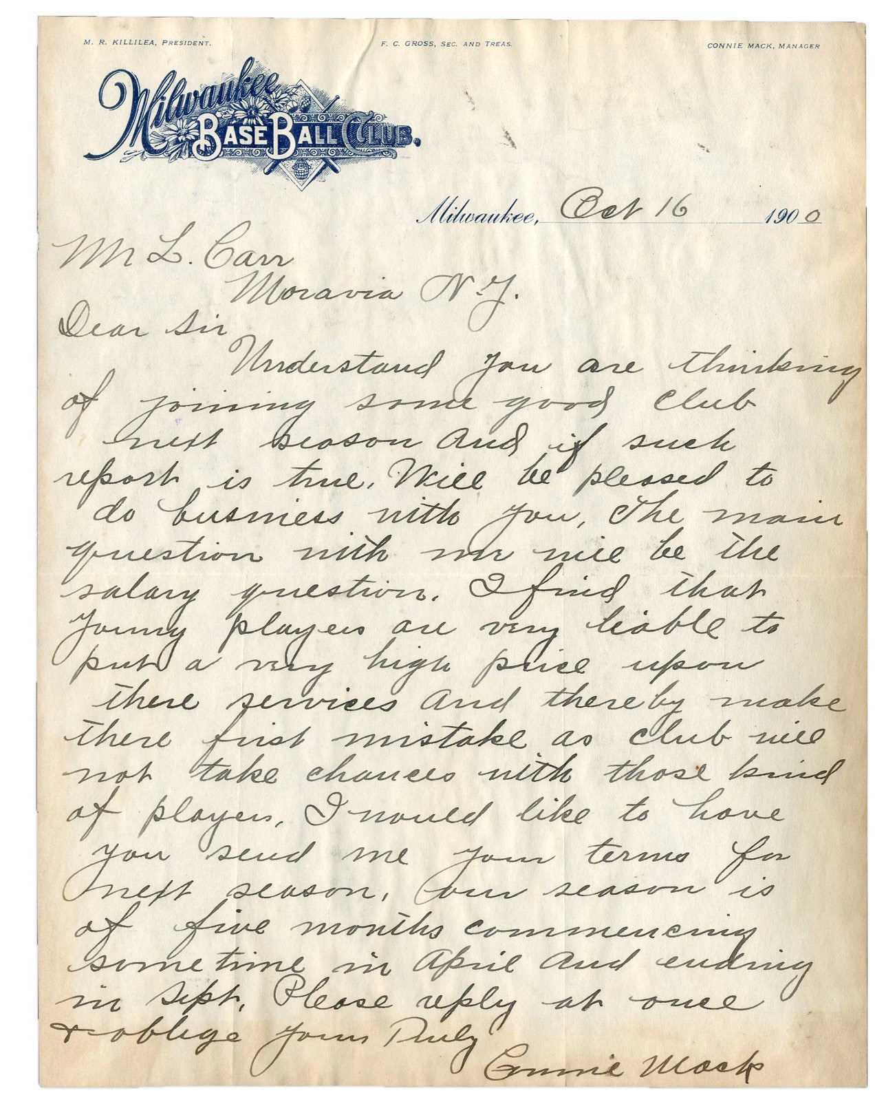 Baseball Autographs - Important 1900 Connie Mack Original American League Handwritten Letter (PSA)