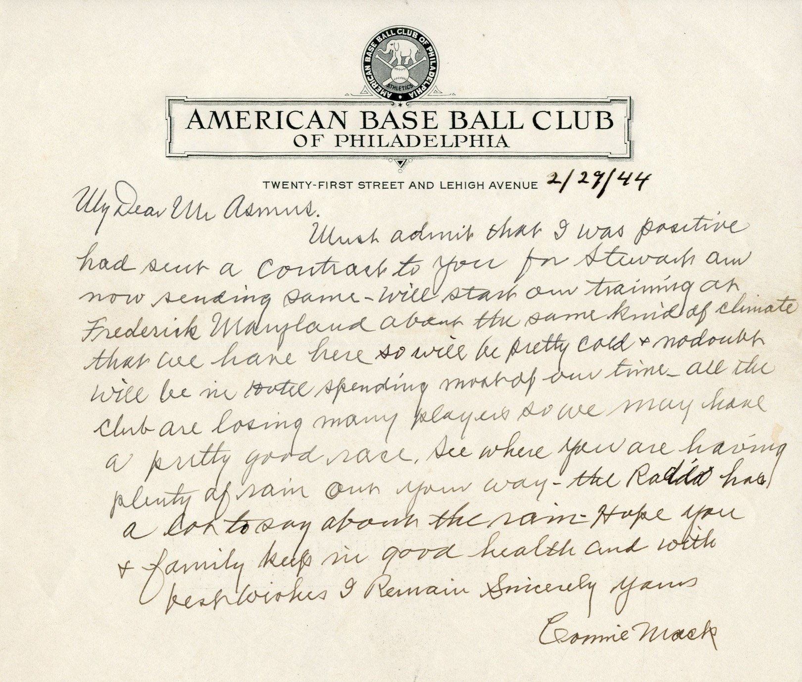 Baseball Autographs - 1944 Connie Mack Handwritten Letter (PSA)