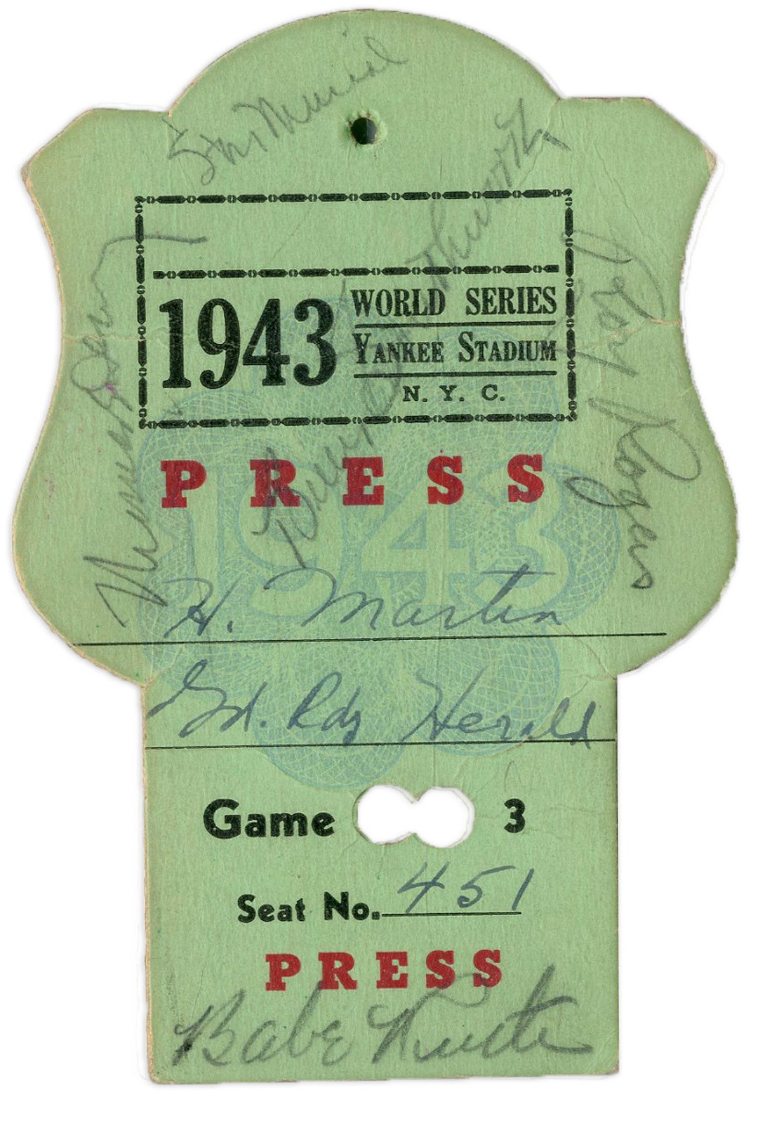 NY Yankees, Giants & Mets - 1943 World Series Game 3 Multi-Signed Press Pass w/Babe Ruth (PSA)