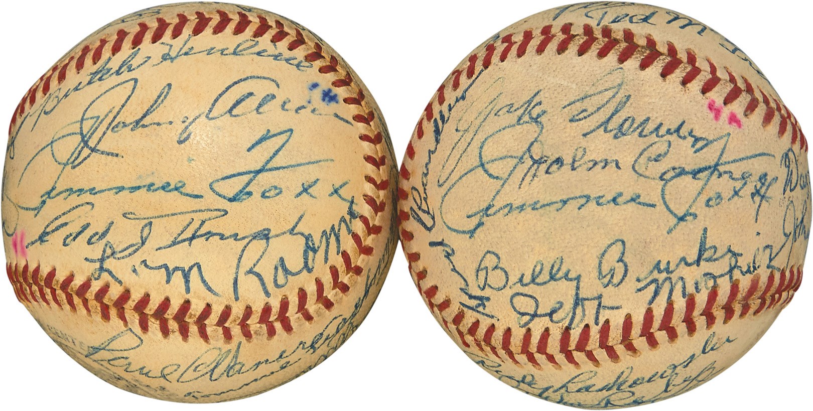 1956 Old Timer's Day Heavily Signed Baseball Pair w/Jimmie Foxx (PSA)