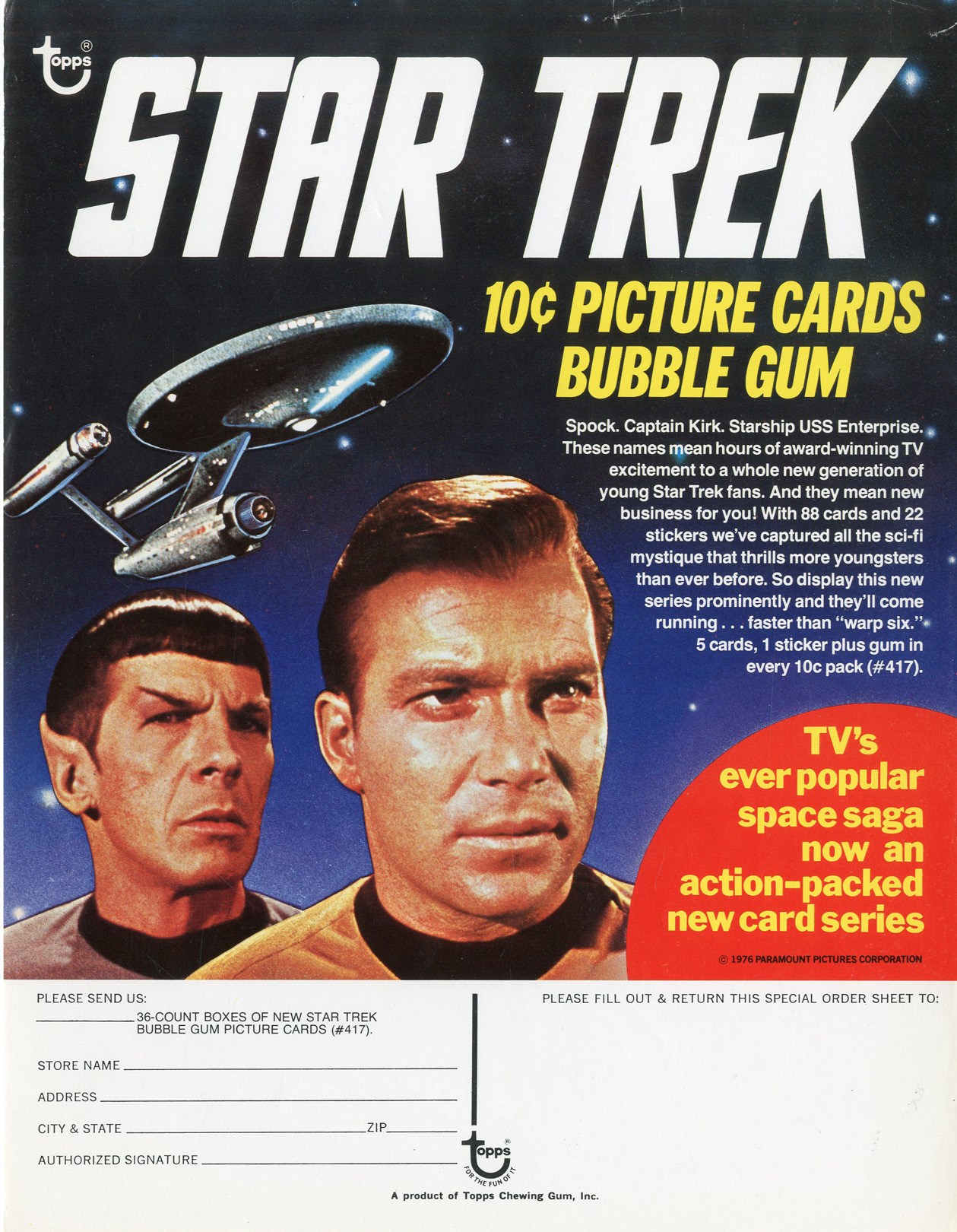 1976 Topps Star Trek Cardboard Ordering Form with Captain Kirk and Spock - Only One Known!