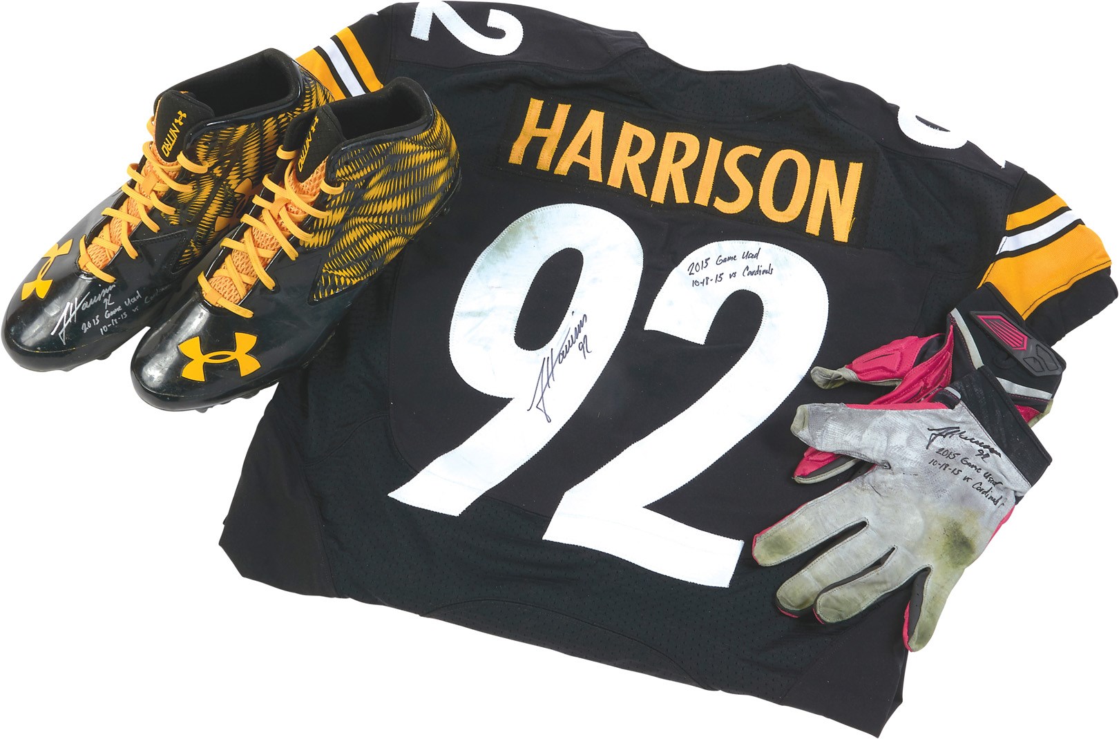 - October 18, 2015 James Harrison Pittsburgh Steelers Game Worn Jersey, Cleats and Gloves (Photo-Matched, Harrison Letters)