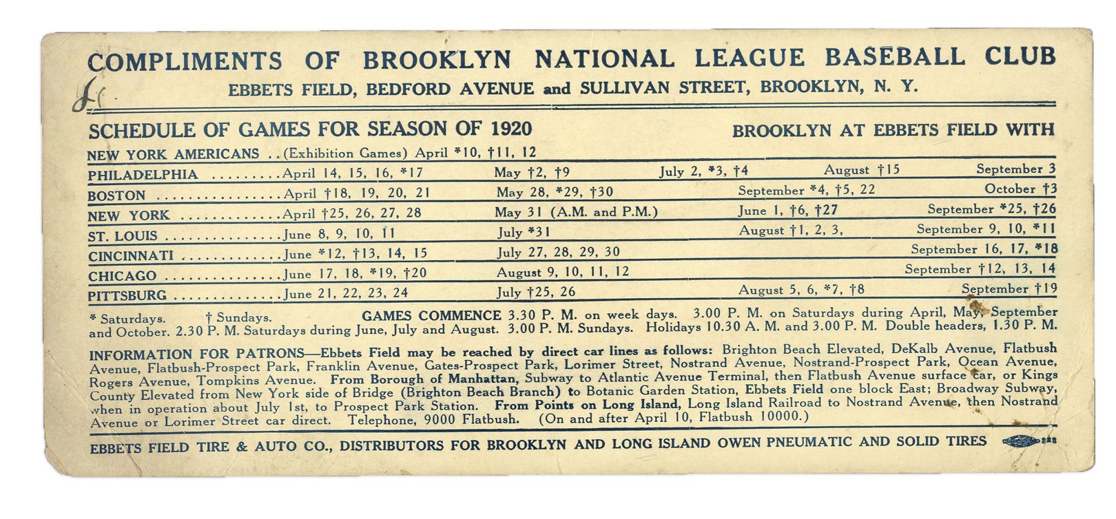1920 NL Champions Brooklyn Dodgers Blotter Schedule