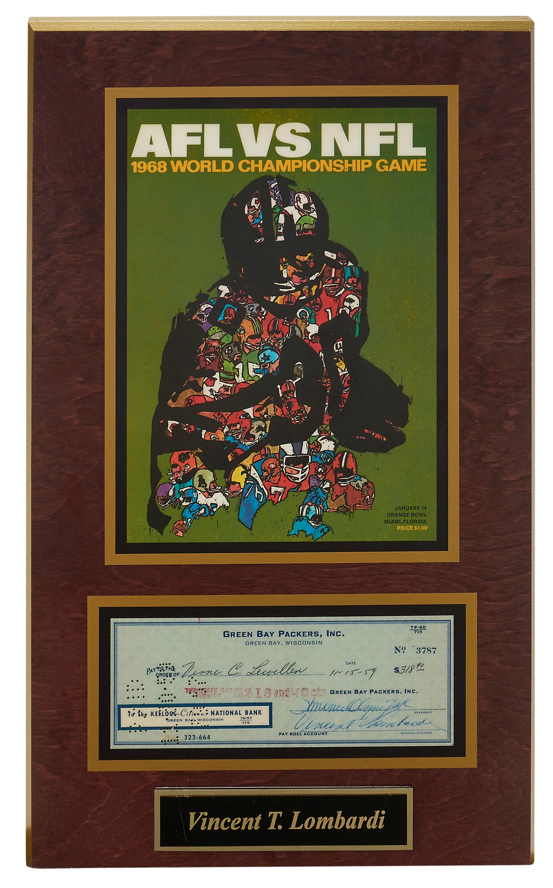 Autographs - 1959 Vince Lombardi Green Bay Packers Signed Check with Actual Superbowl II Cover Plaque