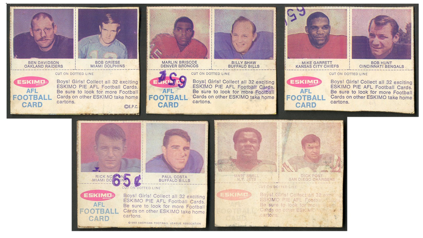 1969 Eskimo Pie AFL Football Cards (Lot of 5, with Griese)