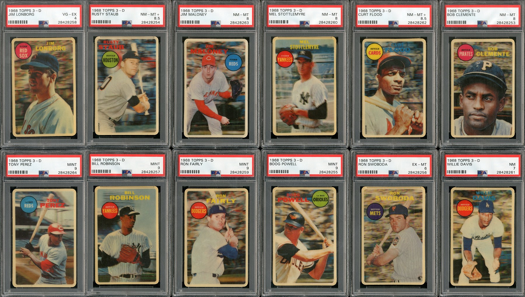 Baseball and Trading Cards - 1968 Topps 3-D PSA Graded Complete Set of 12 cards with PSA 8 Clemente! - #5 All Time Finest Registry Set