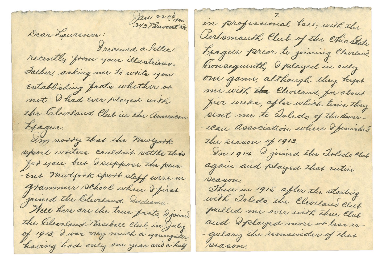 Baseball Autographs - 1940 Billy Southworth Handwritten Letter to Major Leaguer with "Joe Jackson" Content (PSA)