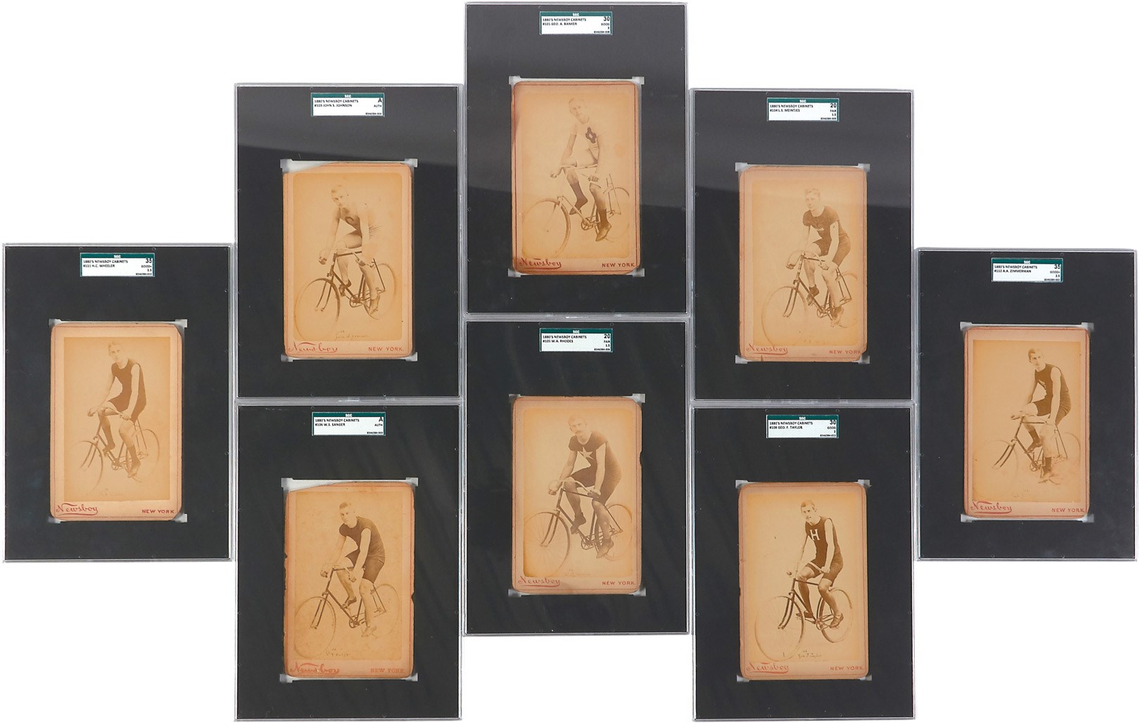 Baseball and Trading Cards - 1880s Newsboy Cabinets Collection of 8 Cyclists - All SGC Graded!